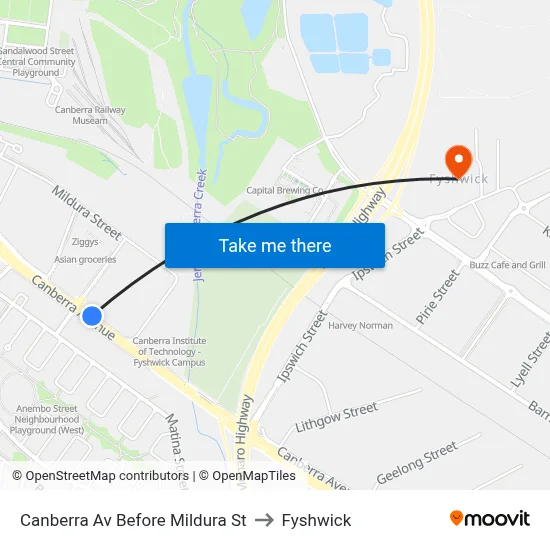 Canberra Av Before Mildura St to Fyshwick map