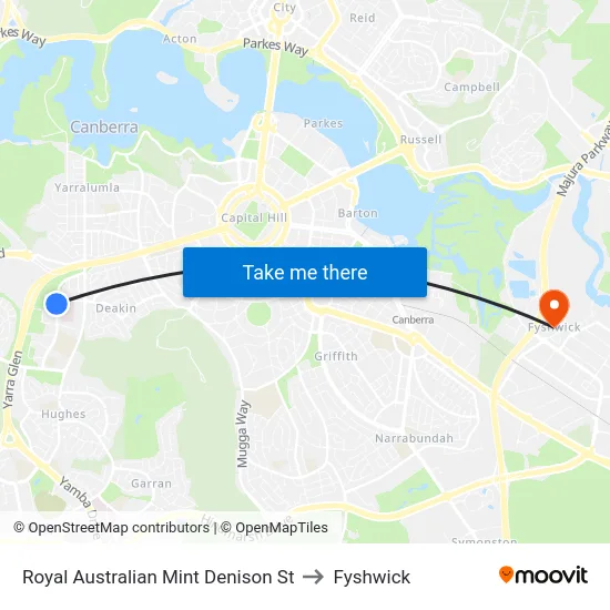 Royal Australian Mint Denison St to Fyshwick map