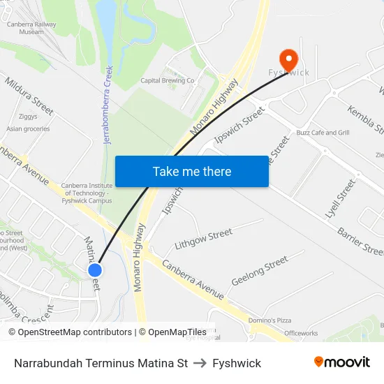 Narrabundah Terminus Matina St to Fyshwick map