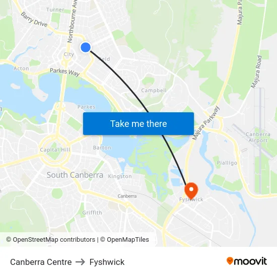 Canberra Centre to Fyshwick map