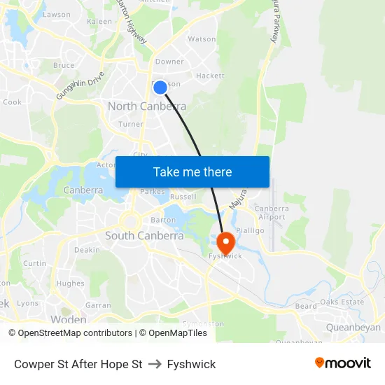 Cowper St After Hope St to Fyshwick map