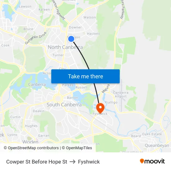 Cowper St Before Hope St to Fyshwick map