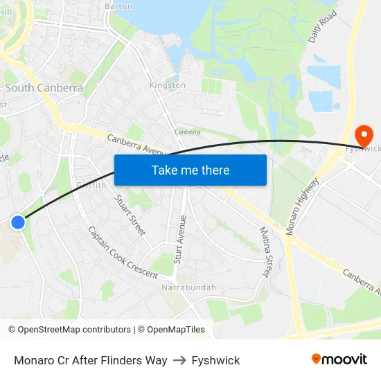 Monaro Cr After Flinders Way to Fyshwick map