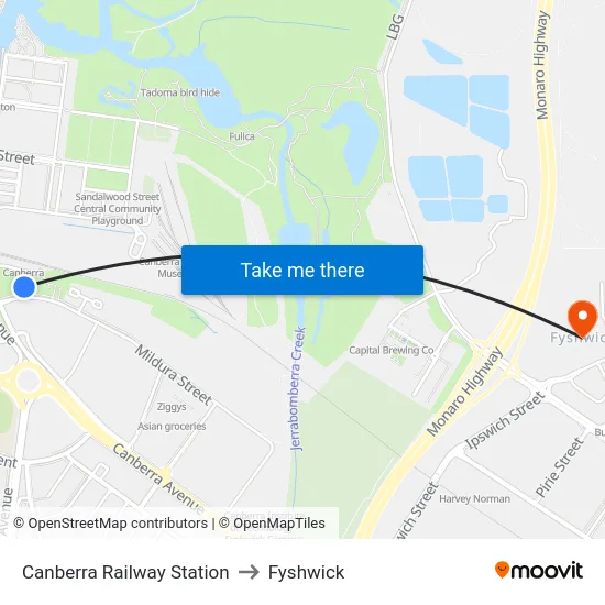 Canberra Railway Station to Fyshwick map