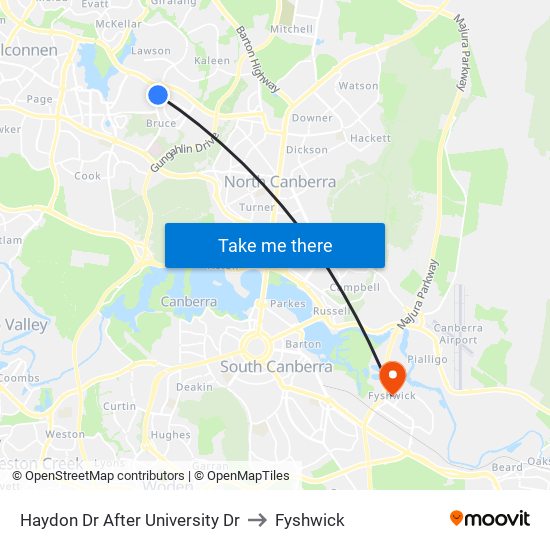 Haydon Dr After University Dr to Fyshwick map
