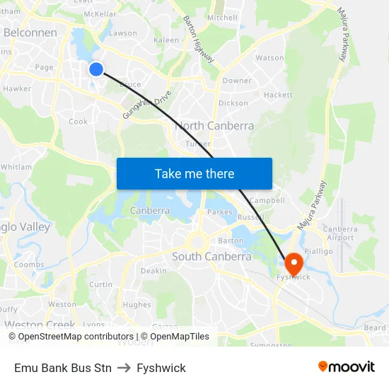 Emu Bank Bus Stn to Fyshwick map