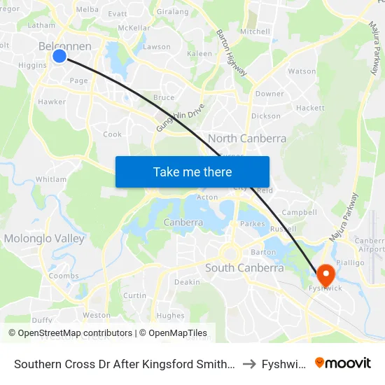 Southern Cross Dr After Kingsford Smith Dr to Fyshwick map