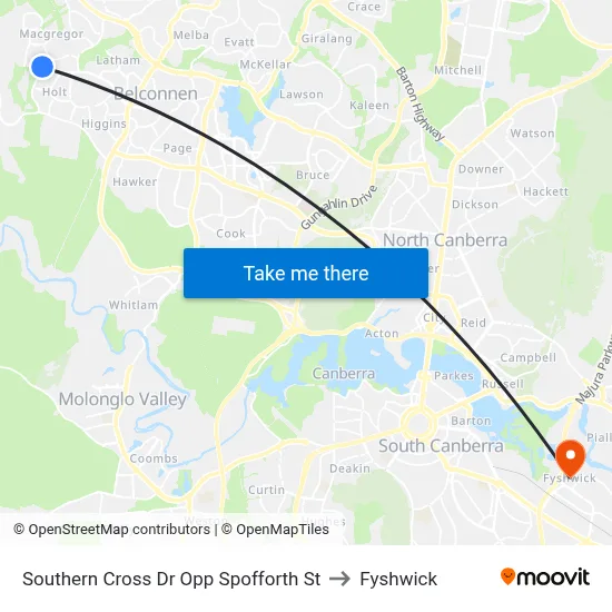 Southern Cross Dr Opp Spofforth St to Fyshwick map
