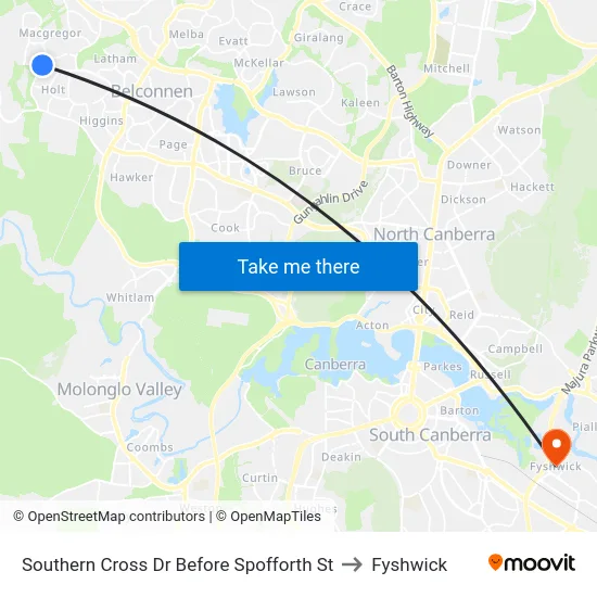 Southern Cross Dr Before Spofforth St to Fyshwick map
