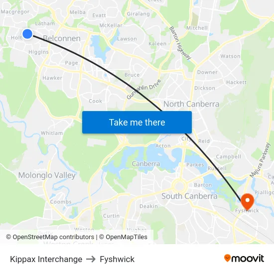 Kippax Interchange to Fyshwick map