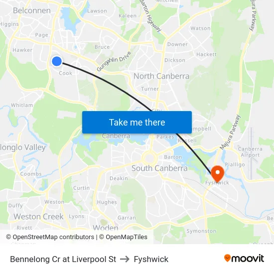 Bennelong Cr at Liverpool St to Fyshwick map
