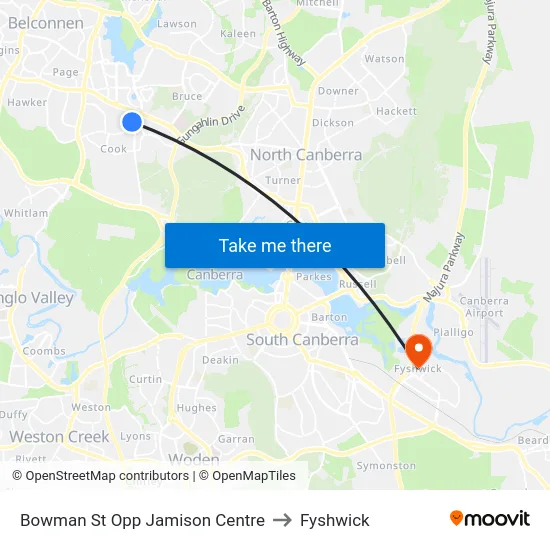 Bowman St Opp Jamison Centre to Fyshwick map