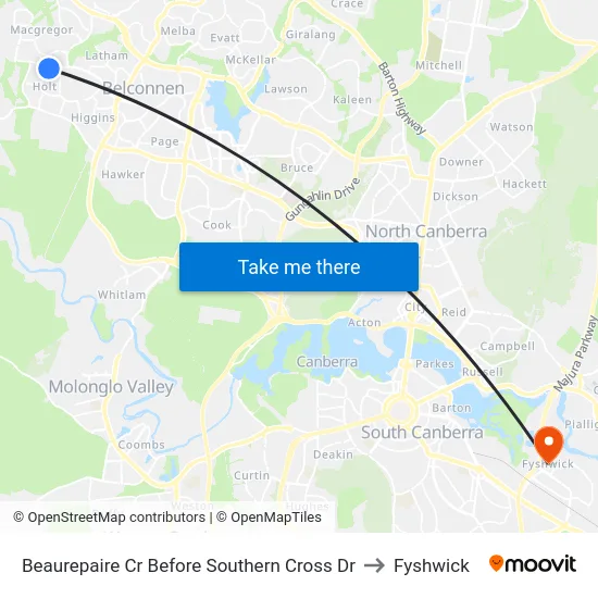 Beaurepaire Cr Before Southern Cross Dr to Fyshwick map