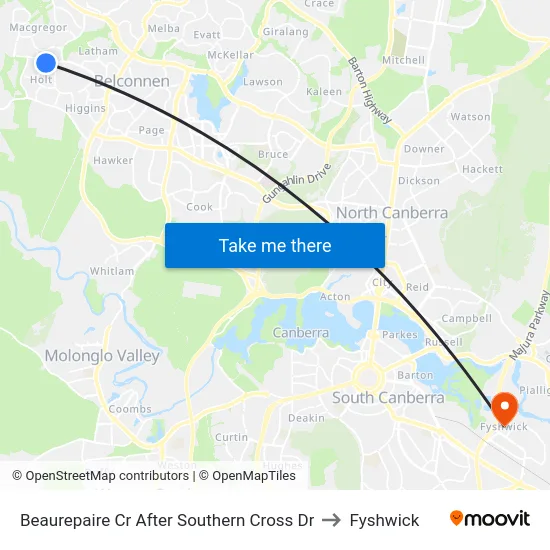 Beaurepaire Cr After Southern Cross Dr to Fyshwick map