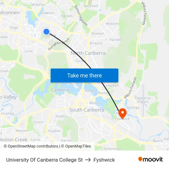 University Of Canberra College St to Fyshwick map
