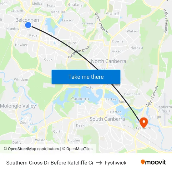 Southern Cross Dr Before Ratcliffe Cr to Fyshwick map