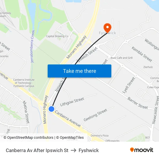 Canberra Av After Ipswich St to Fyshwick map
