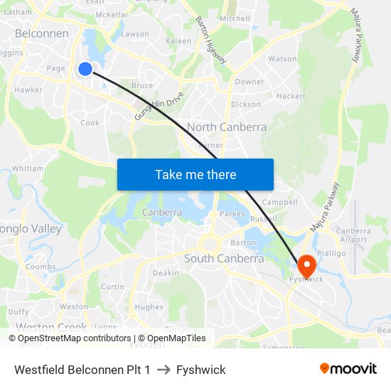 Westfield Belconnen Plt 1 to Fyshwick map