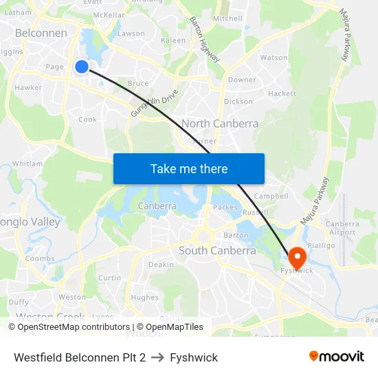 Westfield Belconnen Plt 2 to Fyshwick map