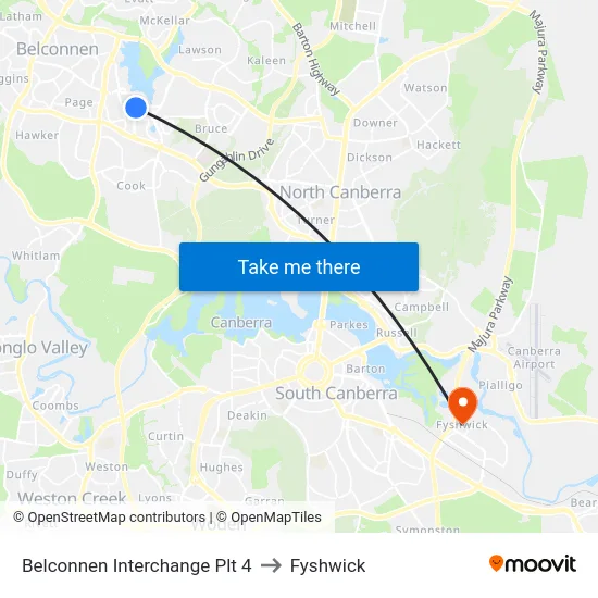 Belconnen Interchange Plt 4 to Fyshwick map