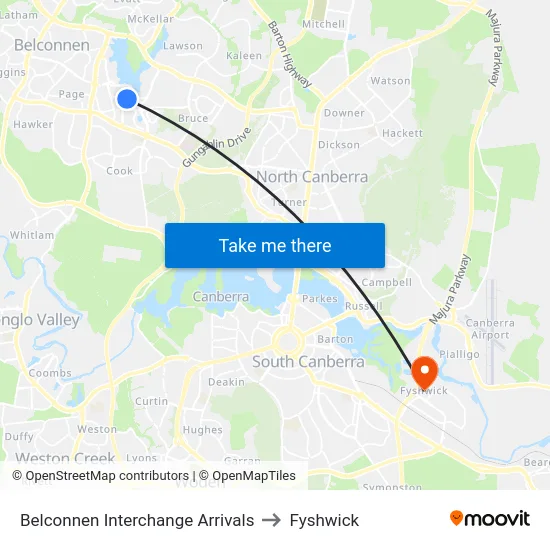 Belconnen Interchange Arrivals to Fyshwick map