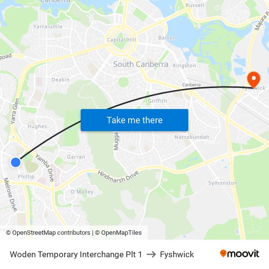 Woden Temporary Interchange Plt 1 to Fyshwick map