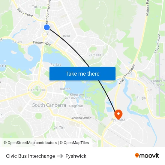 Civic Bus Interchange to Fyshwick map