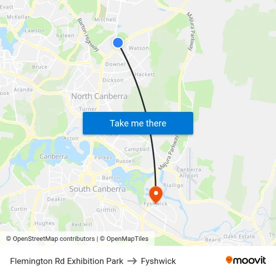 Flemington Rd Exhibition Park to Fyshwick map