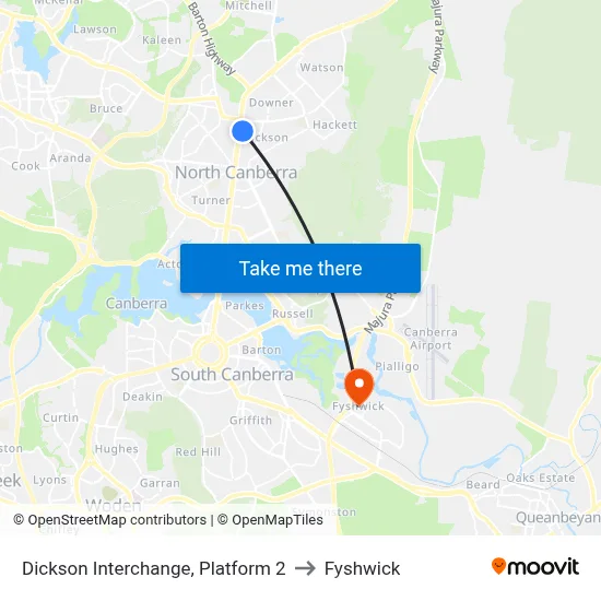 Dickson Interchange, Platform 2 to Fyshwick map