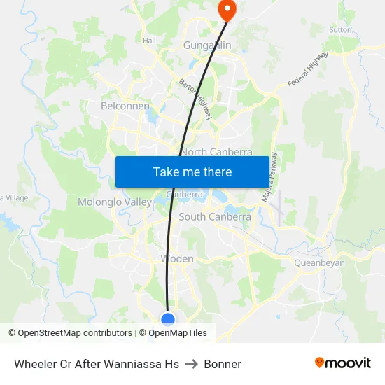 Wheeler Cr After Wanniassa Hs to Bonner map