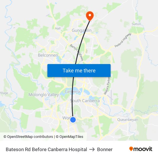 Bateson Rd Before Canberra Hospital to Bonner map