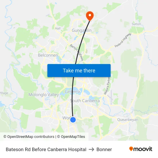 Bateson Rd Before Canberra Hospital to Bonner map