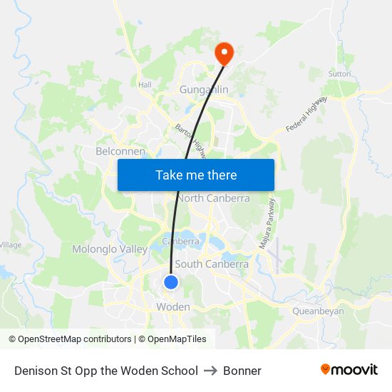 Denison St Opp the Woden School to Bonner map