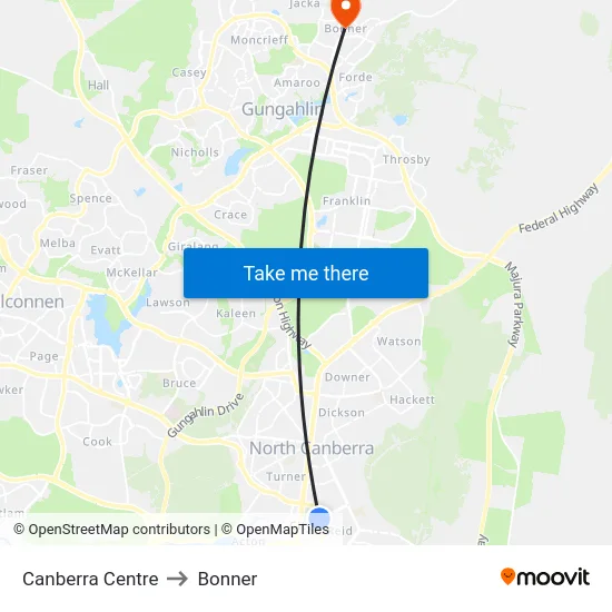 Canberra Centre to Bonner map