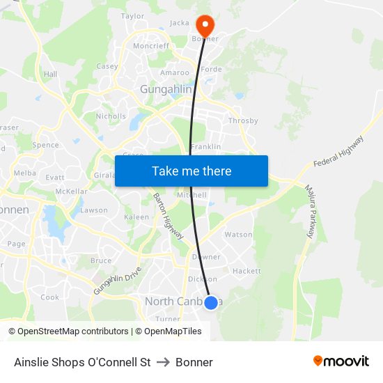 Ainslie Shops O'Connell St to Bonner map