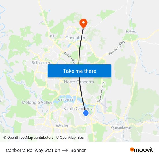 Canberra Railway Station to Bonner map