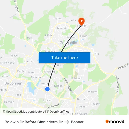 Baldwin Dr Before Ginninderra Dr to Bonner map