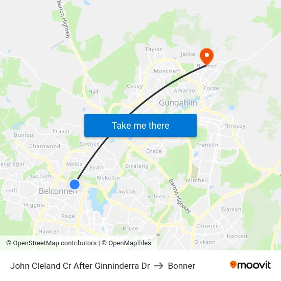 John Cleland Cr After Ginninderra Dr to Bonner map