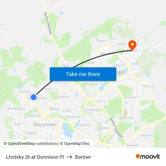 Lhotsky St at Donnison Pl to Bonner map
