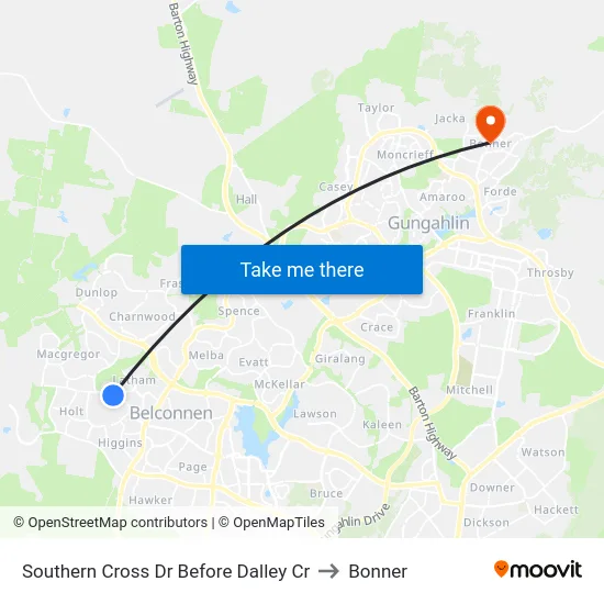 Southern Cross Dr Before Dalley Cr to Bonner map