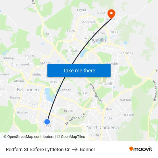 Redfern St Before Lyttleton Cr to Bonner map