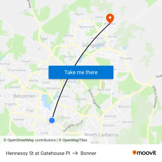 Hennessy St at Gatehouse Pl to Bonner map