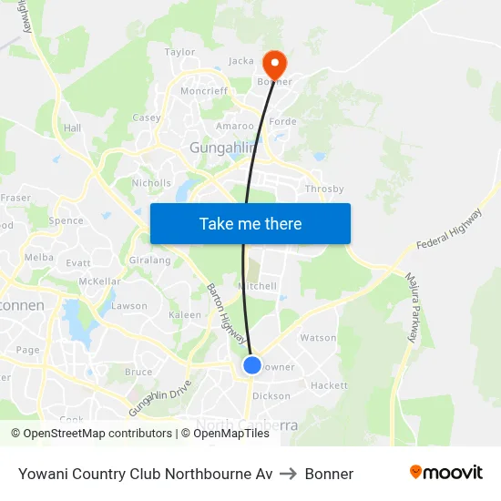 Yowani Country Club Northbourne Av to Bonner map