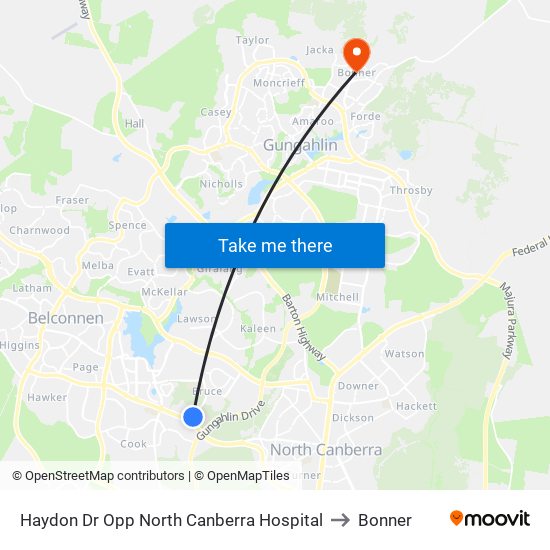 Haydon Dr Opp North Canberra Hospital to Bonner map