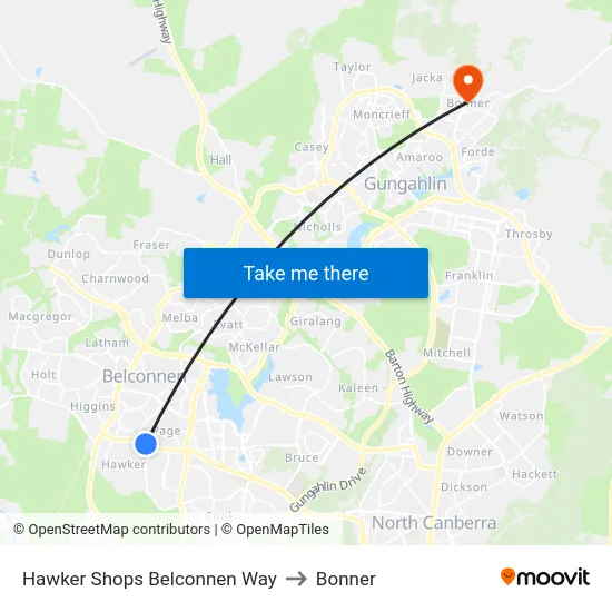 Hawker Shops Belconnen Way to Bonner map