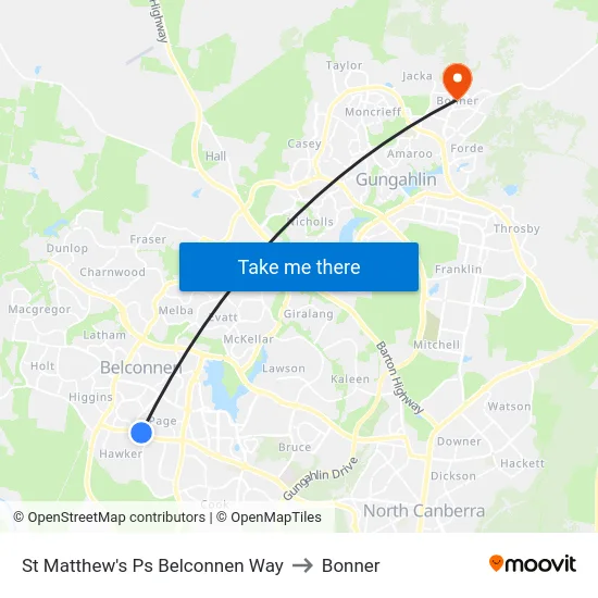 St Matthew's Ps Belconnen Way to Bonner map