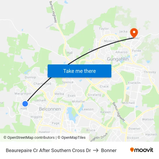 Beaurepaire Cr After Southern Cross Dr to Bonner map