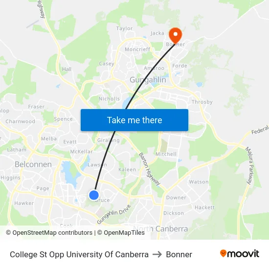 College St Opp University Of Canberra to Bonner map