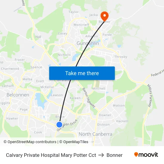 Calvary Private Hospital Mary Potter Cct to Bonner map