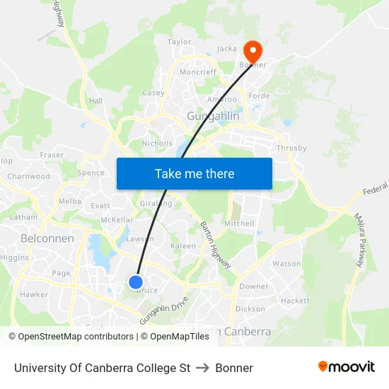 University Of Canberra College St to Bonner map